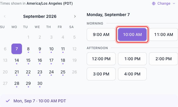 A published free-booking form with September 7 at 10:00 AM selected