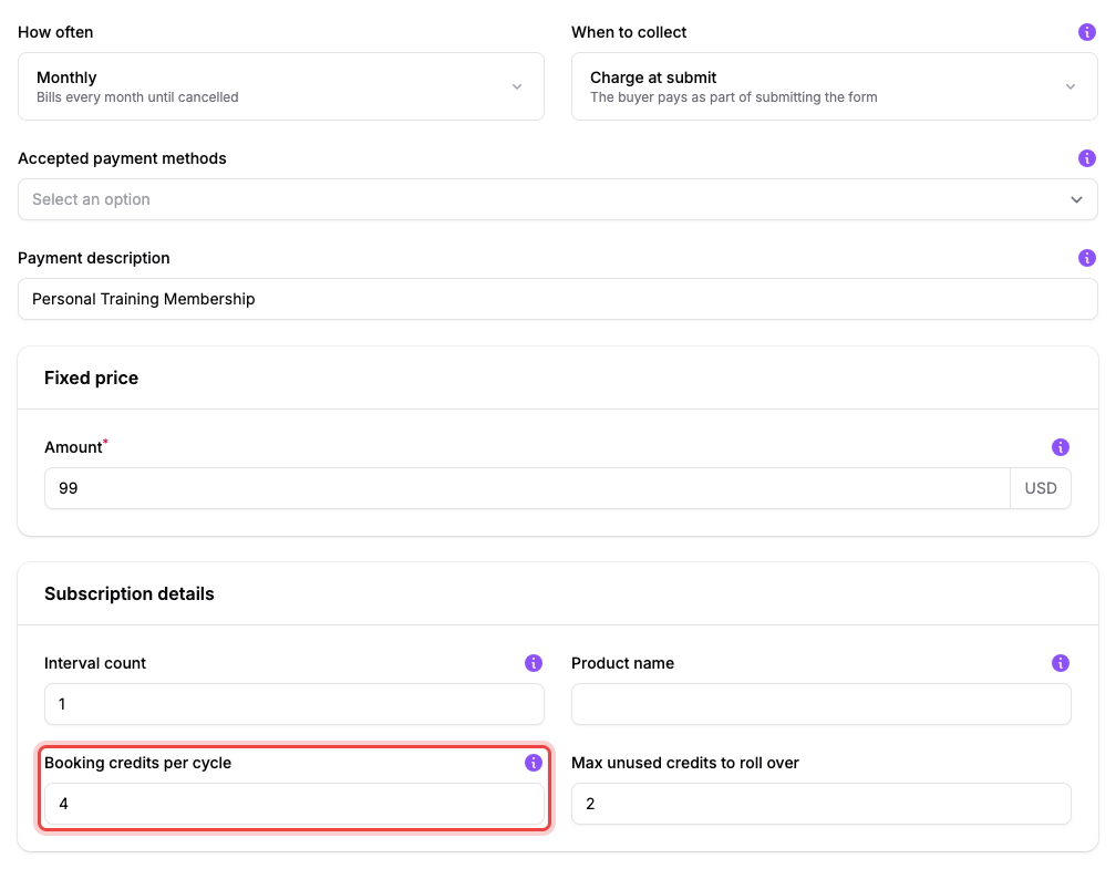 A monthly payment field with a 99 USD amount, four session credits, and two rollover credits