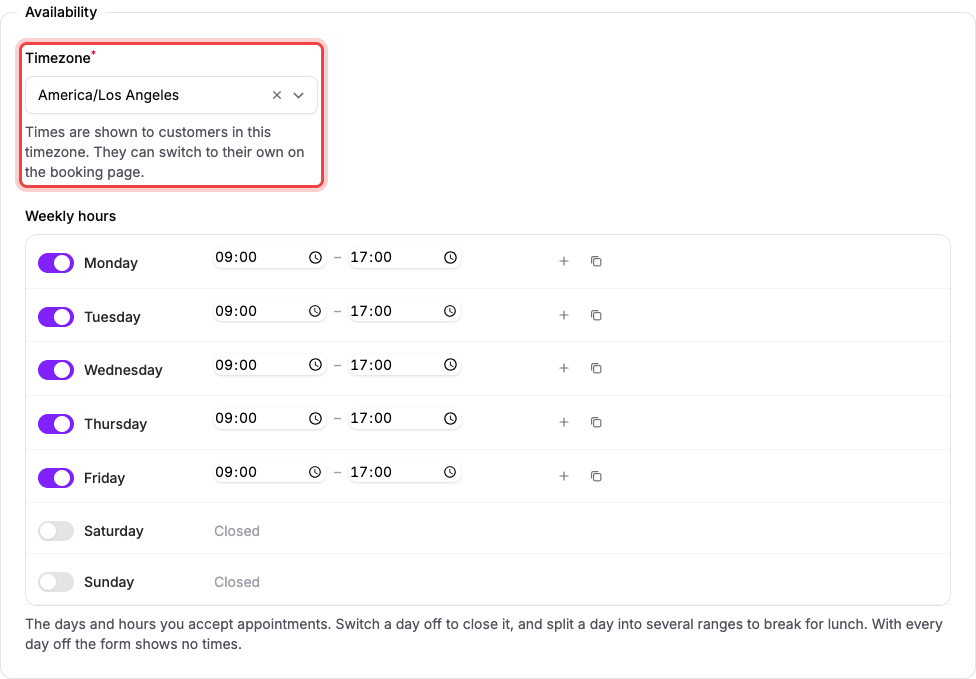 Availability settings for an Appointment Booking field