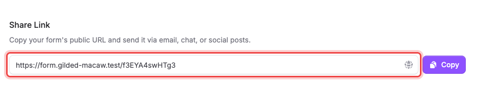 The Share Link field showing the full public form URL