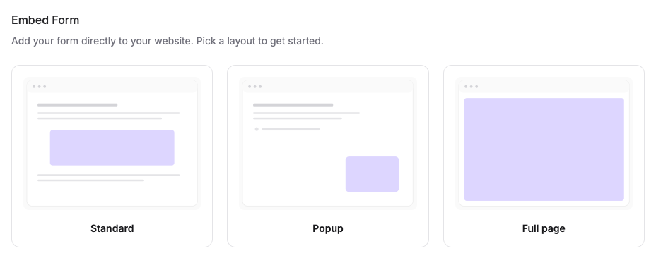 The Embed Form section with the Standard, Popup, and Full page layout cards