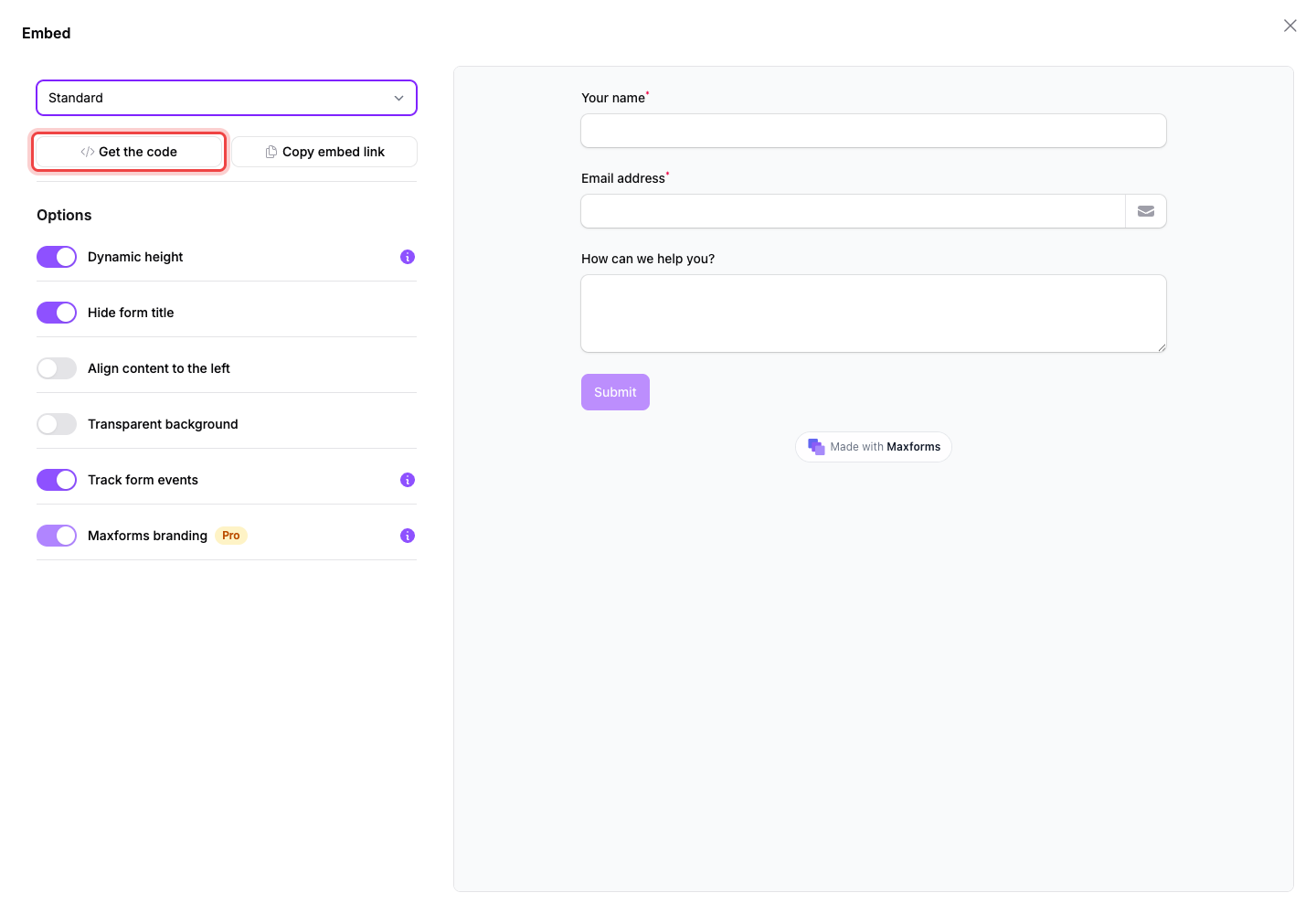 The Embed panel with the Get the code button highlighted next to the live preview