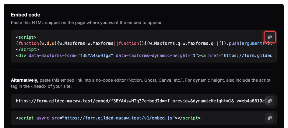The Embed code panel with the snippet's copy button highlighted