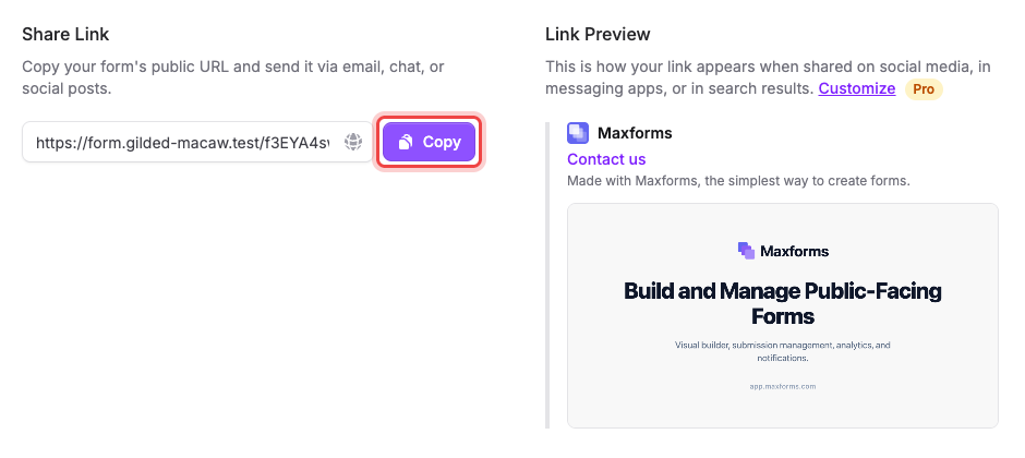 The Share tab with the form's public URL and the Copy button highlighted