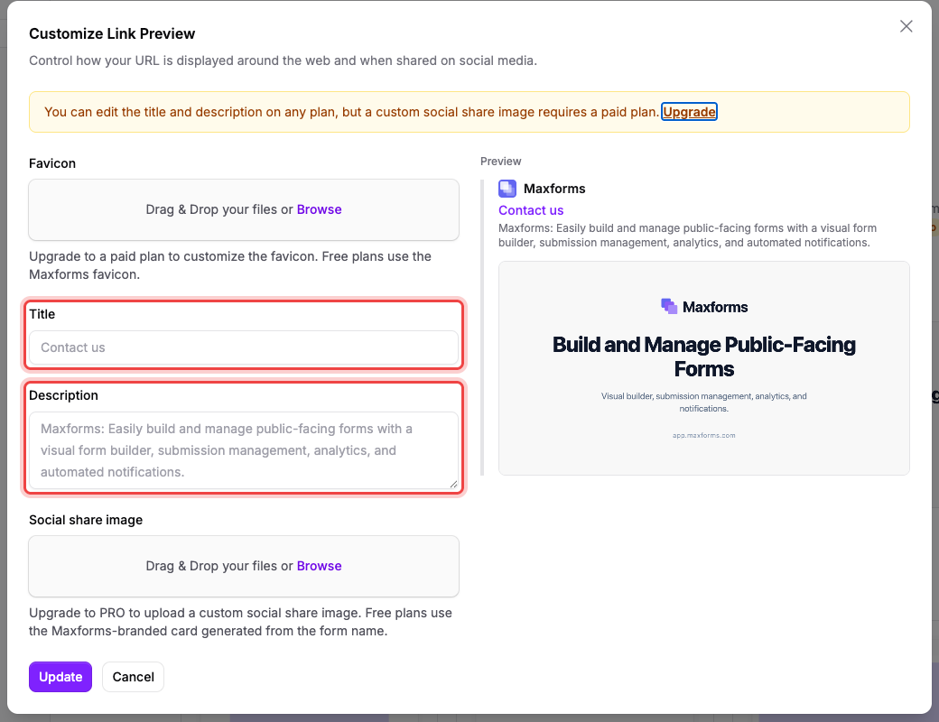 The Customize Link Preview panel with the Title and Description fields highlighted