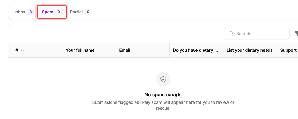 The Inbox, Spam, and Partial tabs with Spam selected, and the empty state below