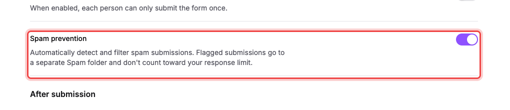 The Spam prevention toggle and its description on the form's Settings tab