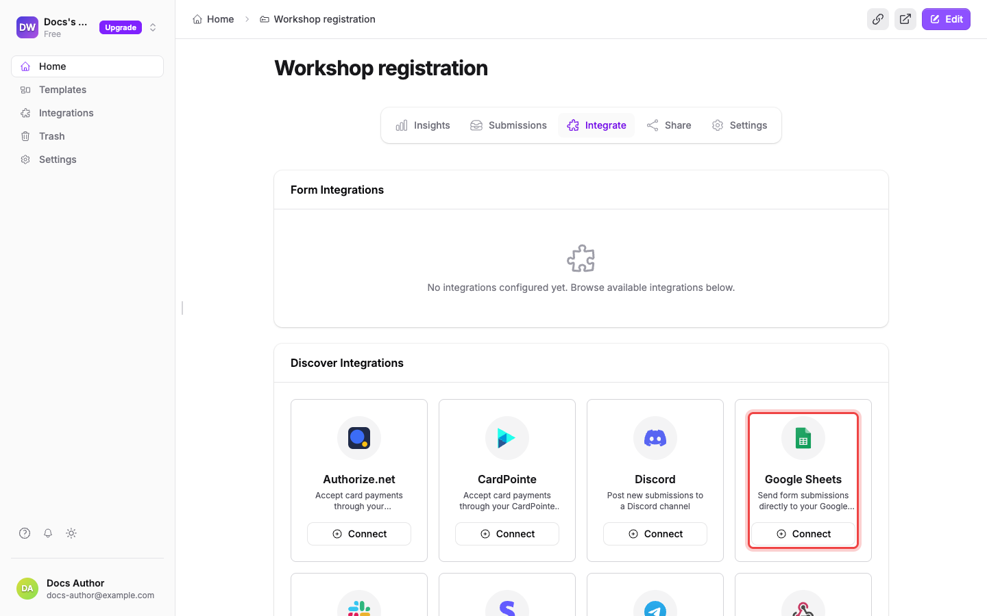 The Integrate tab with the Google Sheets integration ready to connect