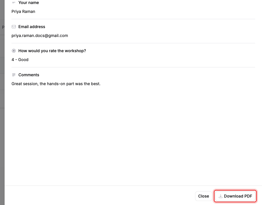 A submission opened in full, with the Download PDF button at the bottom
