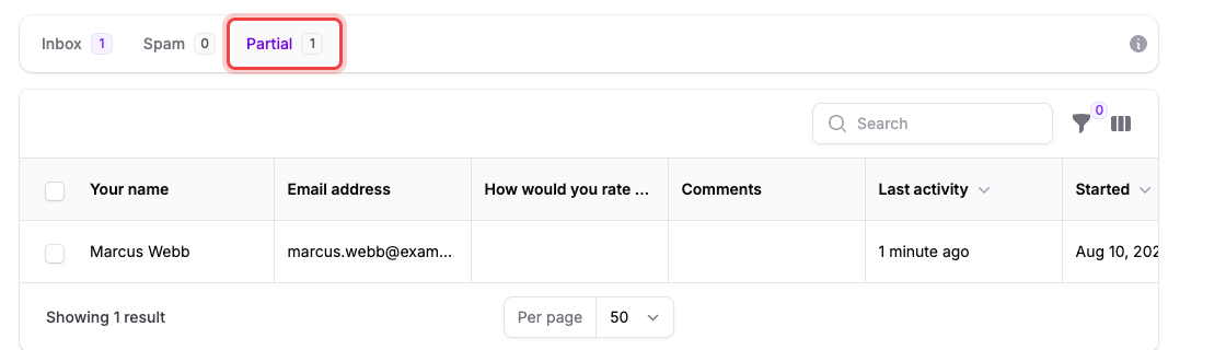 The Partial tab of the Submissions view, listing one unfinished response