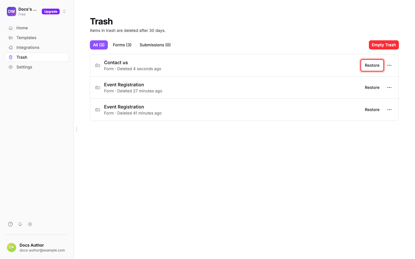 The Trash page listing deleted forms, each with a Restore button