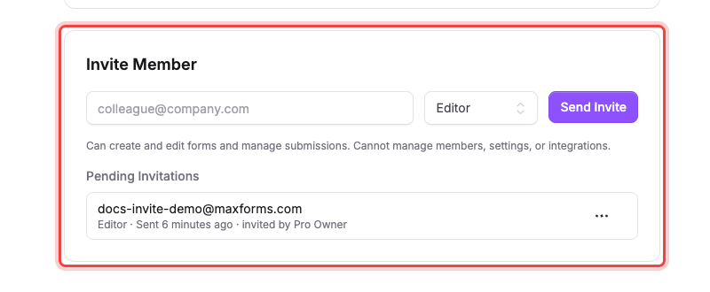 The Invite Member card with the email field, role dropdown, Send Invite button, and a pending invitation below