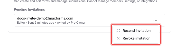 The invitation actions menu showing Resend invitation and Revoke invitation