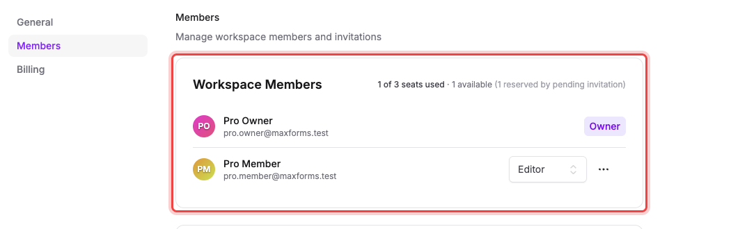 The Workspace Members list showing the owner's Owner badge and a member's role dropdown
