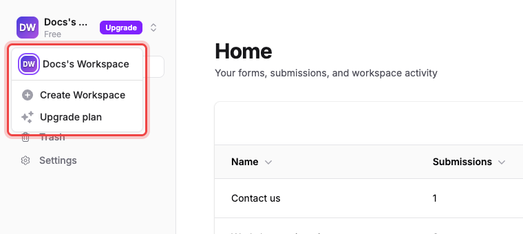 The sidebar workspace menu open, listing the current workspace, Create Workspace, and Upgrade plan