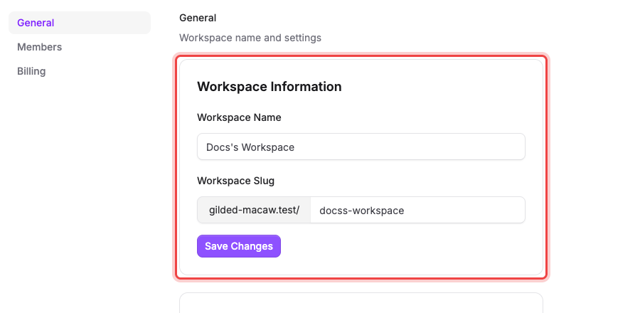 The Workspace Information card with the Workspace Name and Workspace Slug fields